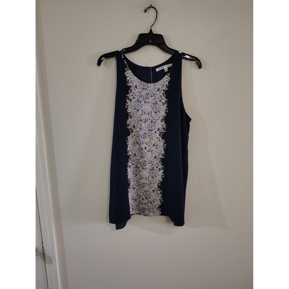 Max Studio Womens Navy Blue Floral Print Sleeveless Blouse Keyhole Back Top‎ M